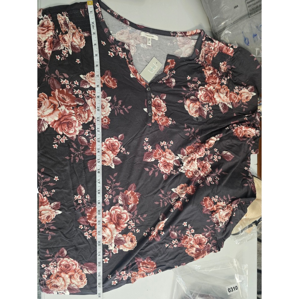 Maurices Womens 3X Gray Floral Henley Long‎ Sleeve Top Pleated Shoulder NWT - Picture 8 of 14